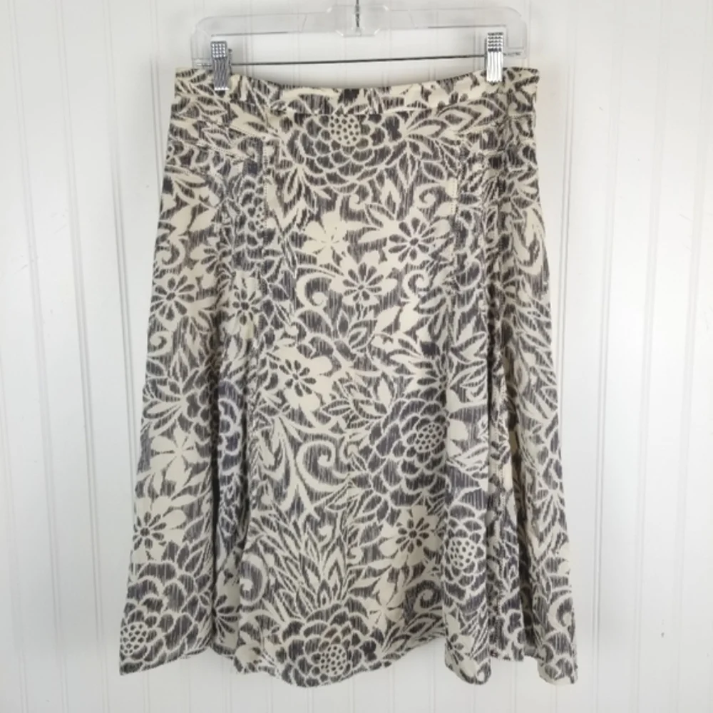 Sigrid Olsen Silk Midi Skirt Womens Size 6 A Line Floral Print Artsy Cream Gray
